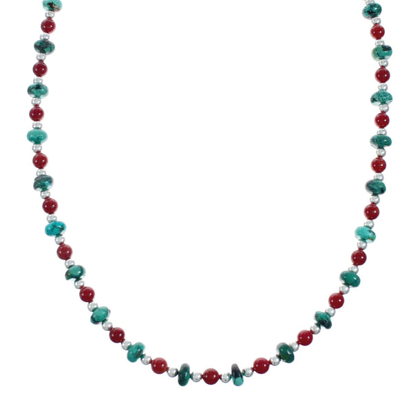 Navajo Turquoise Coral Sterling Silver Bead Necklace X11127
